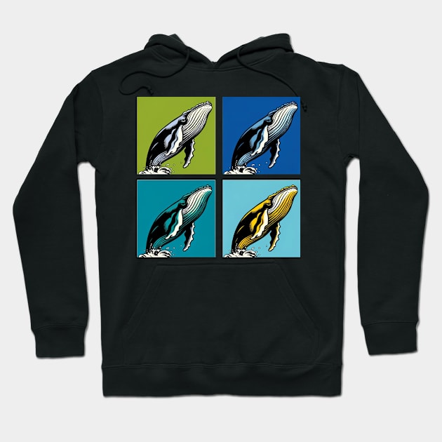 Vibrant Ocean Spectacle: Pop Art Whale Extravaganza Hoodie by PawPopArt